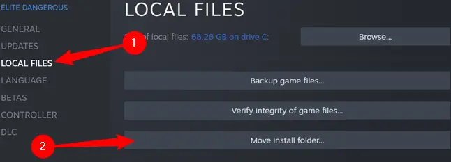 Click "Local Files", then click "Move Install Folder."