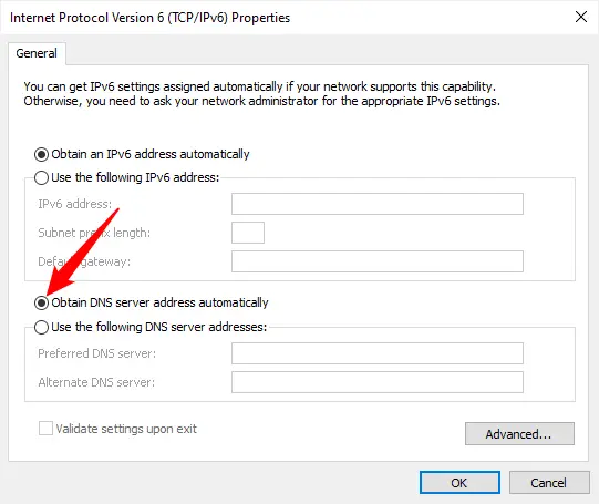 Select "Obtain DNS Server Address Automatically."