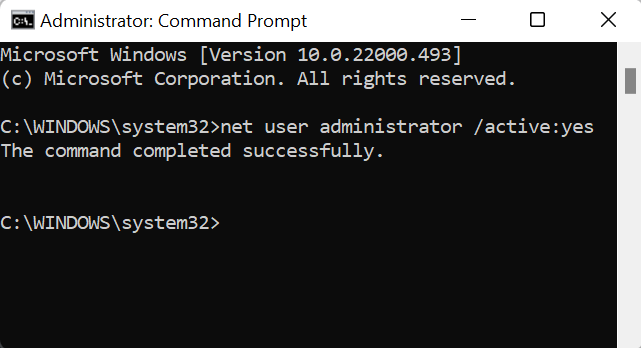 Command prompt showing administrator account enabled