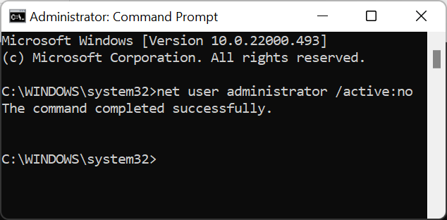 Command prompt with successful deactivation
