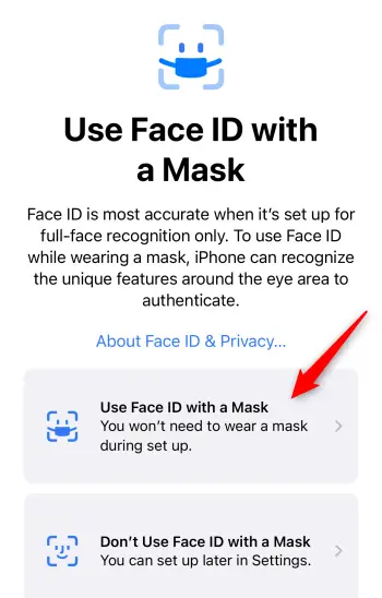 Selecione "Usar Face ID com uma máscara".