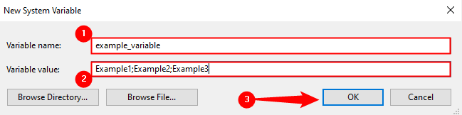 Preencha o nome da variável, o(s) valor(es) da variável e clique em “OK”.