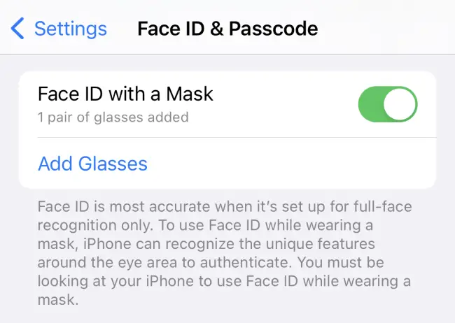 An iPhone Settings app showing Face ID with a Mask enabled along with one pair of glasses.