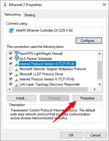 Seleccione IPv4, luego haga clic en "Propiedades".