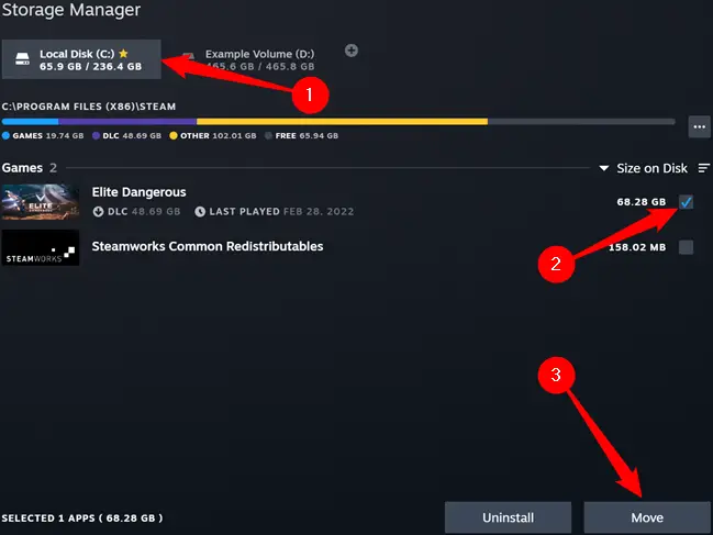 Seleziona l'unità con i giochi, fai clic sulla casella di controllo accanto al gioco, quindi fai clic su "Sposta".