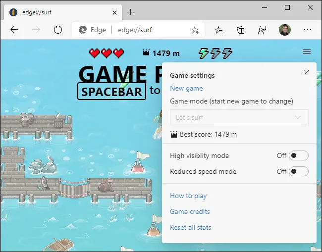 Game settings in Edge's secret surfing game