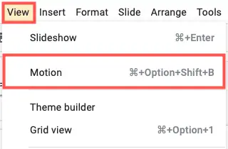 Googleスライドで[表示]、[モーション]を選択します