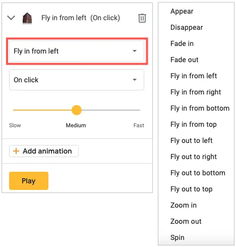 Effect options in Google Slides