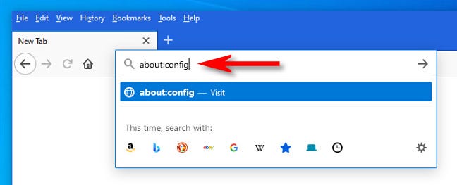 Firefoxでは、アドレスバーに「about：config」と入力してEnterキーを押します。