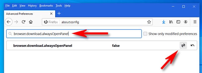 In Firefox, toggle "browser.download.alwaysOpenPanel" to "False."