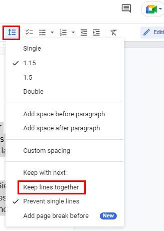 Keep lines together Google Docs