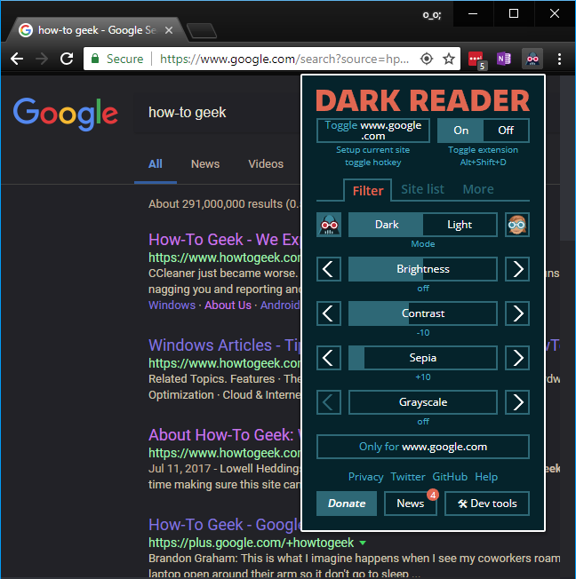 The Dark Reader settings menu.