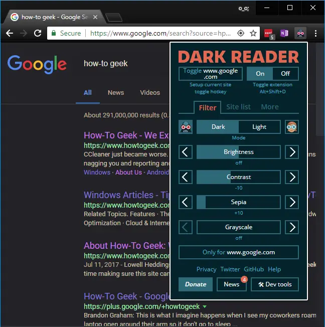 Il menu delle impostazioni di Dark Reader.