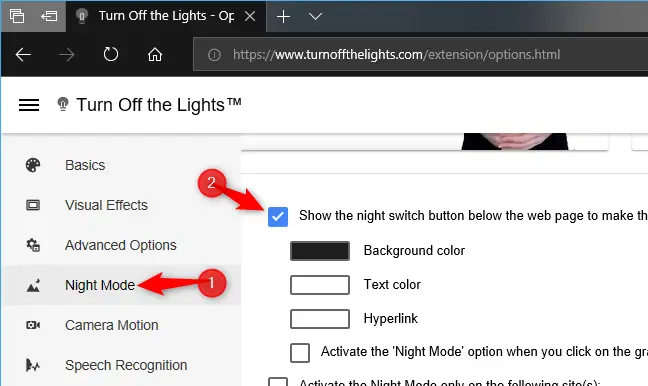 Select the "Night Mode" window, then tick the "Show the night switch button ..." box. 
