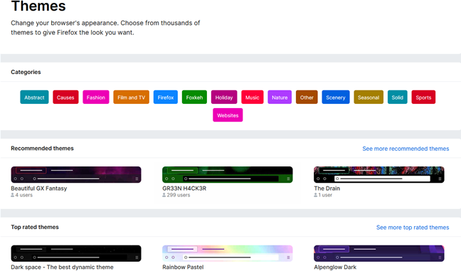 Some of the themes available through the Firefox's add-on page. 