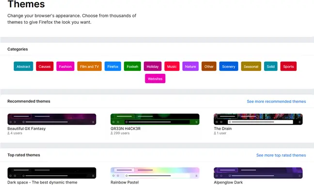 Certains des thèmes disponibles via la page complémentaire de Firefox. 