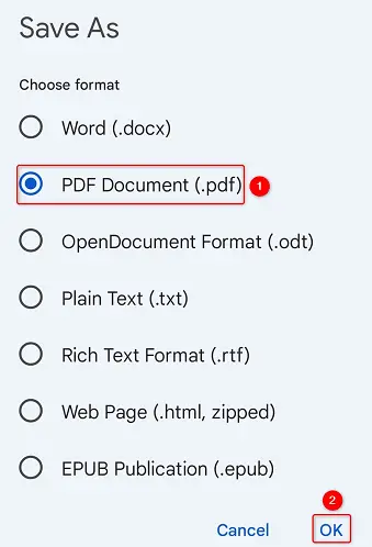 Wybierz „Dokument PDF” i dotknij „OK”.