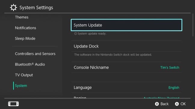 Actualización del sistema Nintendo Switch pendiente