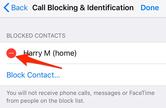 Tap the minus sign beside a blocked contact on iPhone.