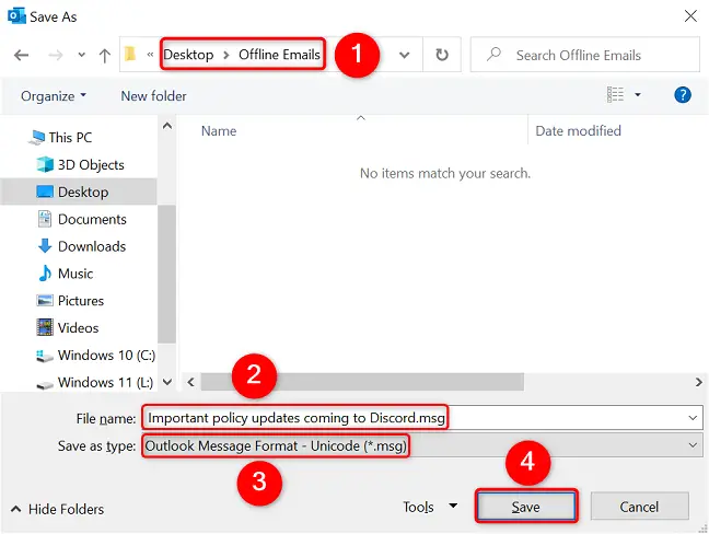 Enregistrez un e-mail d'Outlook sur l'ordinateur.