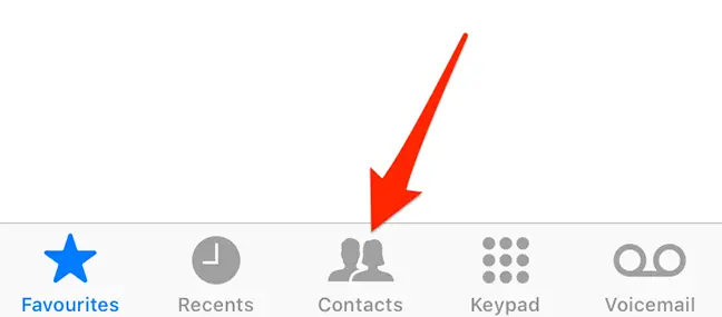 Tap "Contacts" in the Phone app on iPhone.