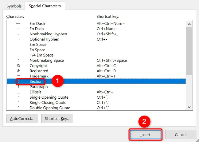 Select the section symbol and choose "Insert."