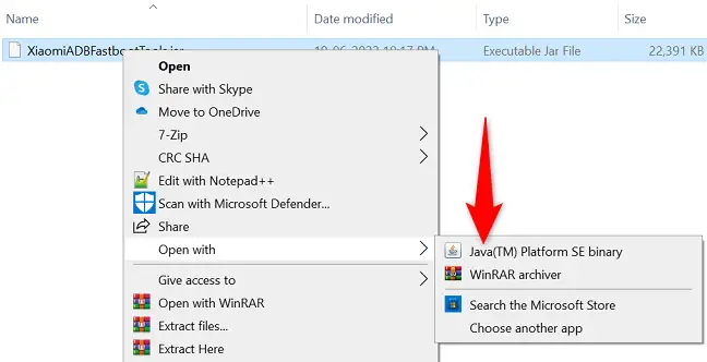 Wählen Sie Öffnen mit > Java(TM) Platform SE Binary aus dem Menü aus.