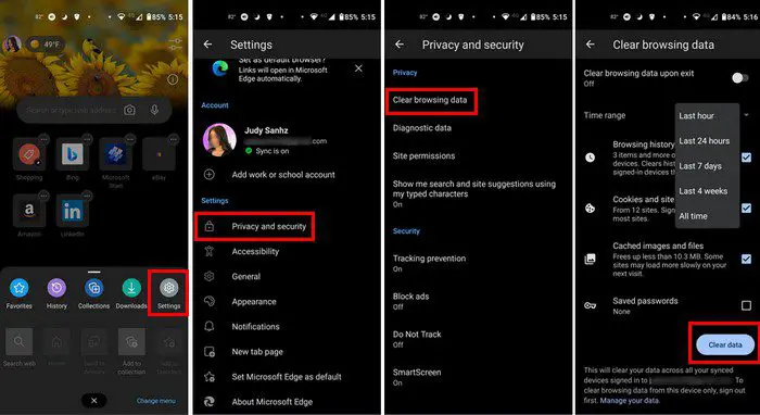 Wyczyść pamięć podręczną Edge Android