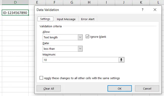Data validation for a text limit