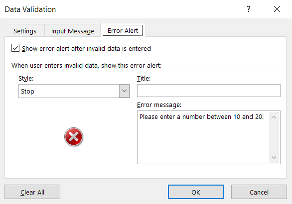 Error settings for data validation