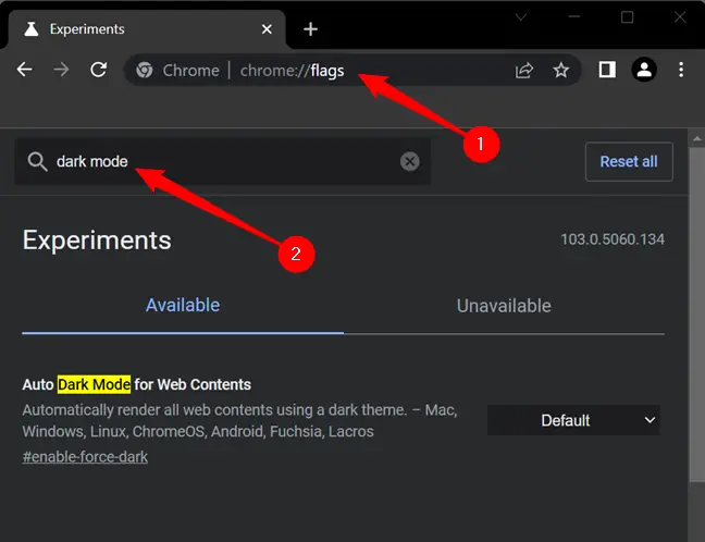 Geben Sie „chrome://flags“ in die Omnibar ein und suchen Sie dann nach „Dark Mode“.