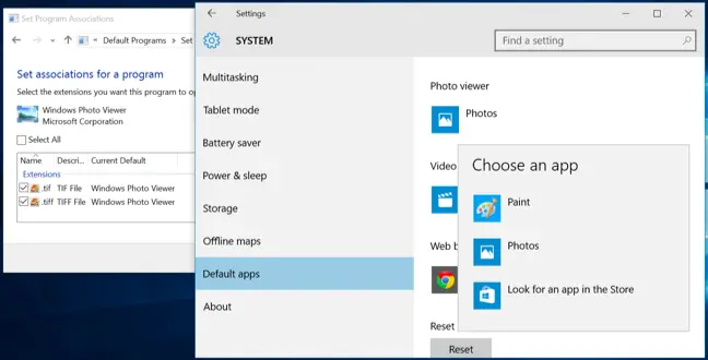 The "Default Apps" window in the Settings app won't display Windows Photo Viewer by default. 