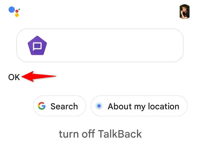 Google 어시스턴트에서 TalkBack이 비활성화되었습니다.