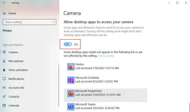 Camera access settings on Windows