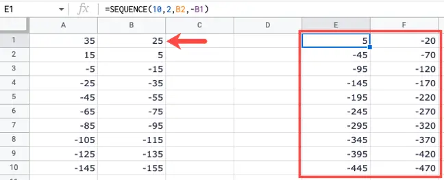SEQUENCE formula with a cell reference for decrease