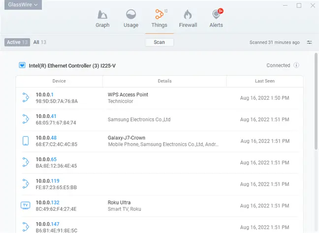 Glasswire Connected Devices Menu.