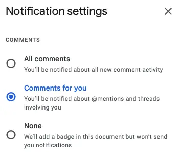 Paramètres de notification pour les commentaires