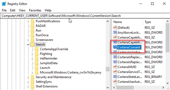 Registry editor with box around CortanaConsent DWORD.