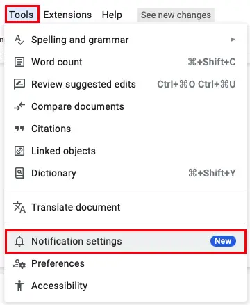 Configuración de notificaciones en el menú Herramientas