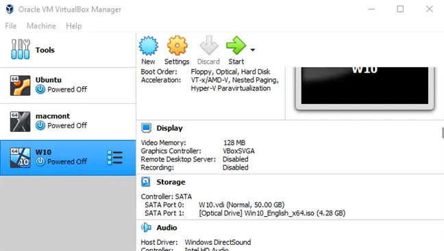 The Virtual Machines currently installed on the example PC. 