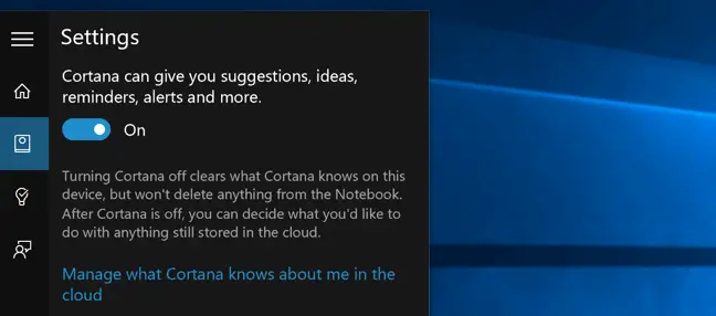 Old Start menu option to disable Cortana on Windows 10