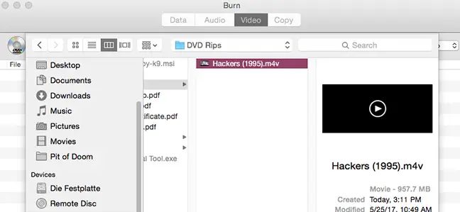 サンプルムービーの Hackers は、DVD に書き込むことができます。 