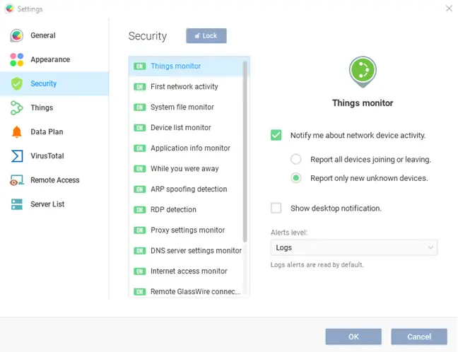 Select the "Security" tab, go to "Things Monitor," then tick "Notify Me About Network Device Activity."