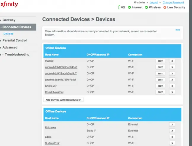 Un elenco di dispositivi collegati alla rete wireless su un router XFinity.