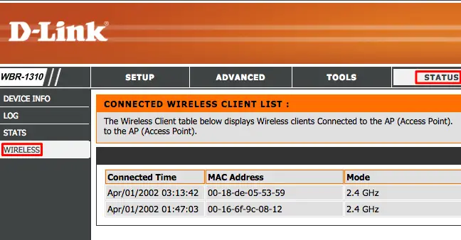 A D-Link Router's status menu displaying attached devices. 