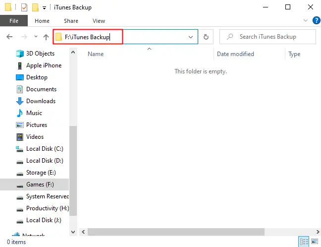 File Explorer se deschide în noul folder Backup iTunes de pe unitatea F:\.