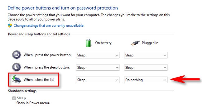 In the "When I close the lid" drop-down menu for the power setting you want, select "Do Nothing."