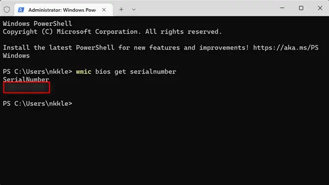 Windows 11 PowerShell with Surface 4 laptop's serial number. 