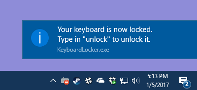 Wyskakujące okienko z Keyboard Locker wskazujące, że klawiatura jest zablokowana. 