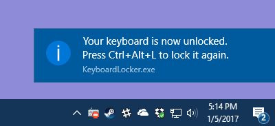 O fereastră pop-up din Keyboard Locker care indică faptul că tastatura este deblocată. 